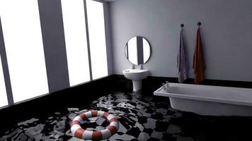 Illustration of a surreal realistic bathroom. Design. Dreaming of flooded bath with water of the floor and a floating lifebuoy. photo