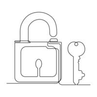 Continuous one line drawing of padlock and key security sign symbol vector illustration