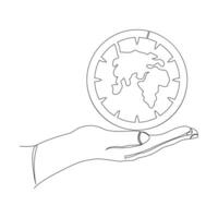 Continuous one line drowing of earth clock and Earth hour concept single line art illustration. vector