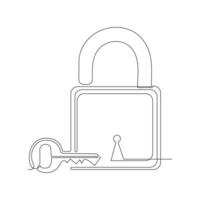 Continuous one line drawing of padlock and key security sign symbol vector illustration