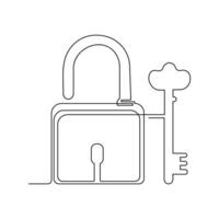 Continuous one line drawing of padlock and key security sign symbol vector illustration