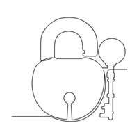 Continuous one line drawing of padlock and key security sign symbol vector illustration