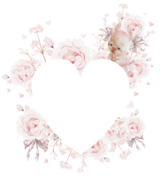 Watercolor heart with beautiful peony rose flowers and bunny.Illustration png