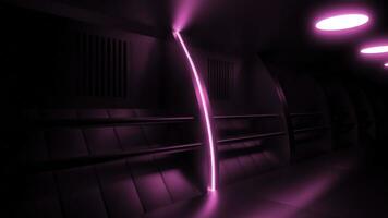 oscuro 3d túnel con neón luces. diseño. movimiento en futurista oscuro corredor. tecnológico corredor con metal paredes y neón lamparas foto