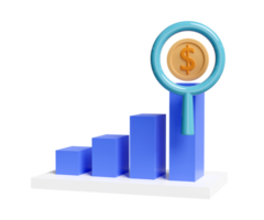 3d diagram Graf med förstorande glas, mynt, analys företag finansiell data, uppkopplad marknadsföring isolerat. företag strategi minimal begrepp, 3d framställa illustration png