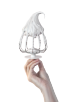 Woman's hand hold Whisk with cream, whisk with meringue cream isolated on transparent png