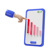 3d grafieken diagram met zakenman hand- wijzend, mobiel telefoon, smartphone geïsoleerd. analyse bedrijf financieel gegevens, bedrijf strategie concept, 3d illustratie geven png