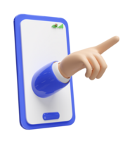 cartoon businessman hand pointing with mobile phone, smartphone isolated. 3d illustration render png