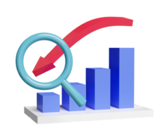 3D charts graph with magnifying glass, analysis business financial data, online marketing isolated. business strategy minimal concept, 3d render illustration png