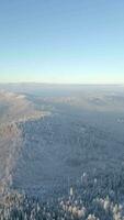 aéreo Visão do a inverno panorama do uma nebuloso montanha floresta video