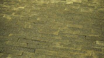 Old brown pavement floor background. Stock footage. Stony foot path covered by shining sand or paved road texture under the bright street lamp light. photo