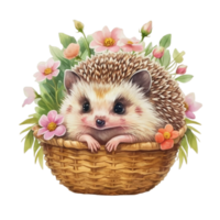 ai gerado fofa ouriço dentro cesta com flores e folhas, hd png