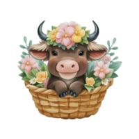 ai gerado fofa vaca dentro uma cesta com flores e folhas png