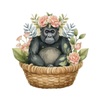 AI generated watercolor illustration of gorilla in basket with flowers png