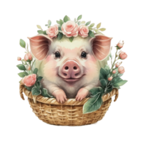 ai généré mignonne porc dans une panier avec fleurs sur transparent Contexte png