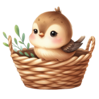 ai généré mignonne peu oiseau séance dans une panier png