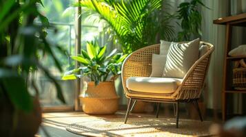 AI generated Indoor greenery, natural light, and earthy tones cultivate a tranquil home atmosphere photo