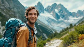 AI generated happy beautiful man goes hiking in the mountain photo