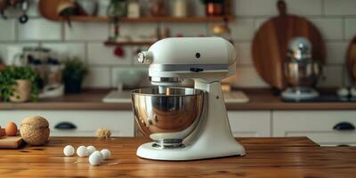 AI generated kitchen beater mixer on wooden table in kitchen photo
