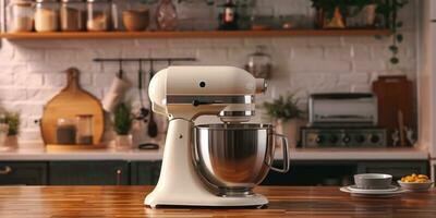 AI generated kitchen beater mixer on wooden table in kitchen photo