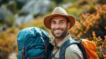 ai generado contento hermosa hombre va excursionismo en el montaña foto