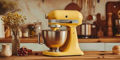 AI generated kitchen beater mixer on wooden table in kitchen photo