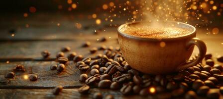 AI generated the coffee is in the cup with some coffee beans beside it photo