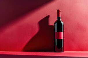 AI generated red wine bottle, isolated on a pink pattern flat photo