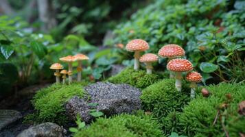 AI generated Toadstools, fairies, and enchanting creatures evoke a magical forest in spring photo