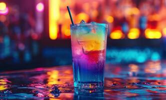 ai generado arco iris de colores cóctel con bebida palo es en el mesa a Club nocturno foto