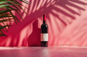 AI generated red wine bottle, isolated on a pink pattern flat photo