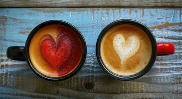 AI generated two coffee drinks on top of a wooden table with valentine hearts photo