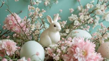 AI generated Soft-hued eggs, bunnies, and spring blooms create a whimsical Easter wonderland photo