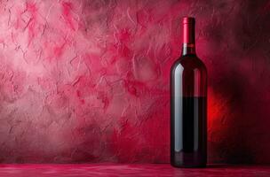 AI generated red wine bottle, isolated on a pink pattern flat photo