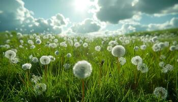 AI generated the grassy field contains dandelions and grass photo