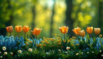 AI generated tulips, bluebells, daffodils, daisy, grass and green leaves frameless landscape background photo