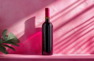 AI generated red wine bottle, isolated on a pink pattern flat photo