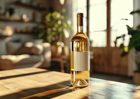 AI generated the bottle of white wine is on a table in brown photo