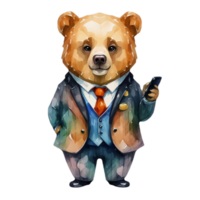 AI generated Cute Bear Businessman wearing a mobile phone png