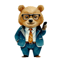 AI generated Cute Bear Businessman wearing a mobile phone png