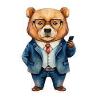 AI generated Cute Bear Businessman wearing a mobile phone png