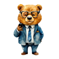 AI generated Cute Bear Businessman wearing a mobile phone png