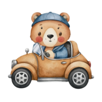 ai generado linda pequeño oso sentado en un Clásico Deportes coche png