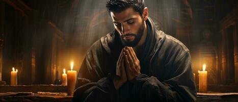 AI generated religious muslim man praying 3D realistic rendering Generative AI photo