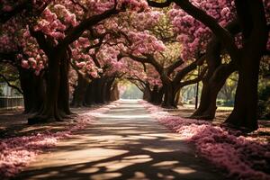 ai generado la carretera forrado con azaleas y En Vivo roble árbol pabellón foto