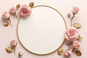 AI generated a 3D rendering of a gold circular frame with two pink roses photo