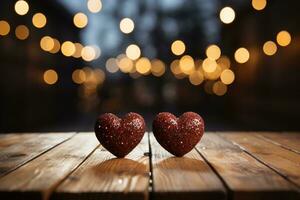 AI generated Two red hearts sitting on top of a wooden table photo