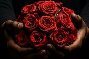 ai generado un misterioso hombre regalos un vibrante ramo de flores de rojo rosas foto