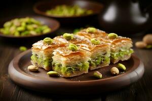 ai generado el pistacho baklava, el dulce obra maestra de turco cocina foto