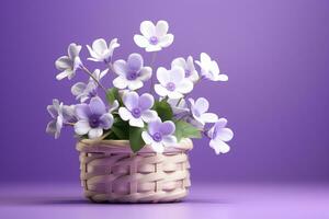 AI generated White flowers in wooden basket on pastel spring background photo